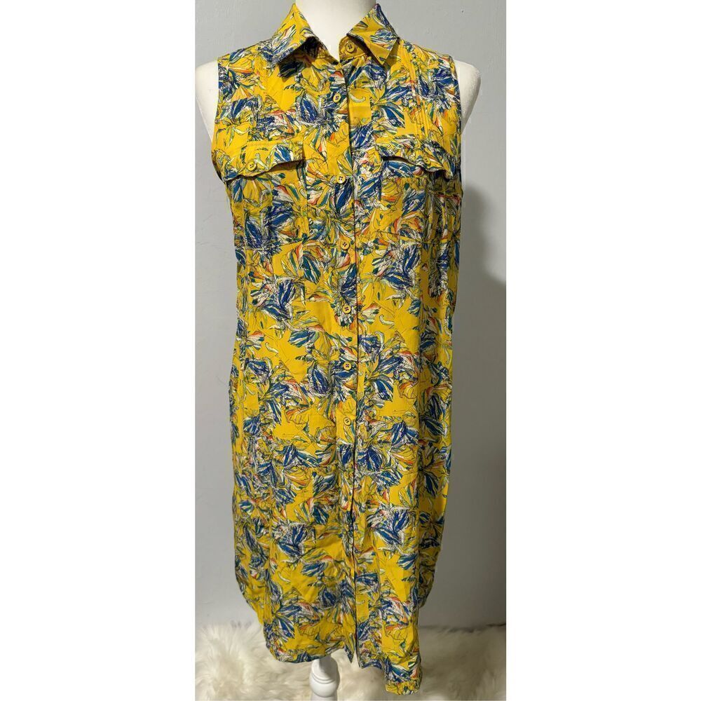 Club Monaco 100% Silk yellow blue floral sleeveless shift dress button front 6